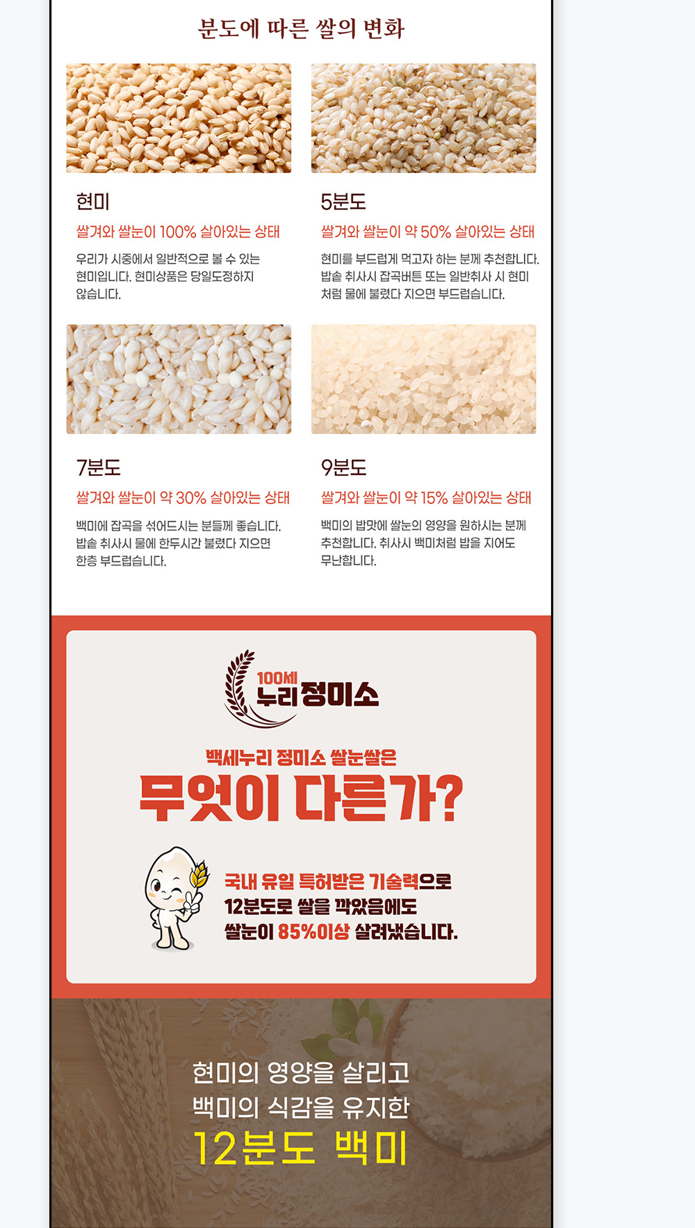 쌀 상세페이지 분도에 따른 쌀의 변화 안내 디자인
