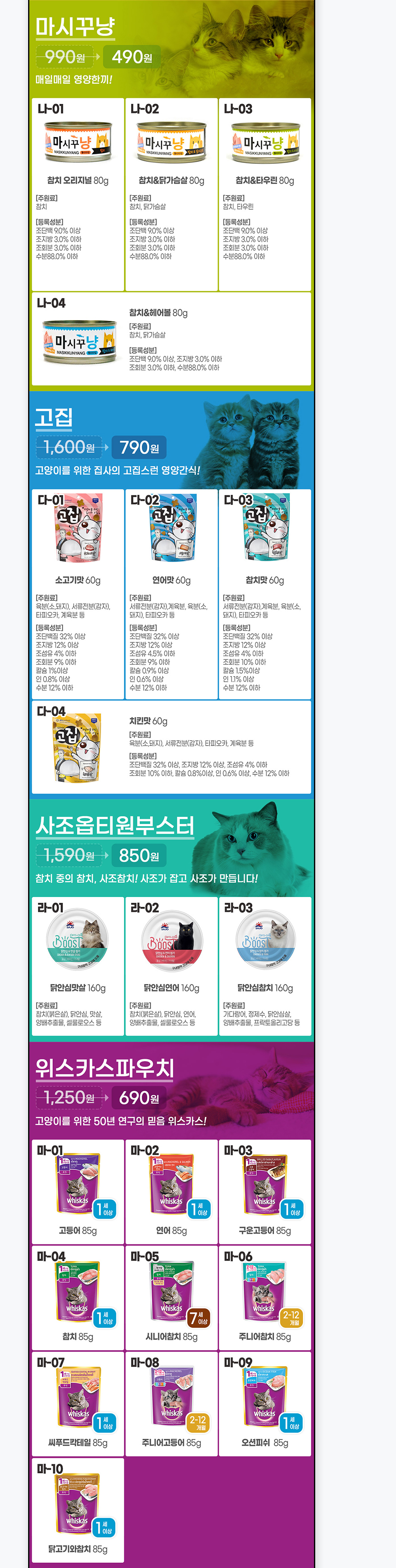 쮸루쮸루 맛별 상품코드와 주원료·등록성분 정보 카드